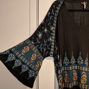 Free people flare sleeve boho black print top